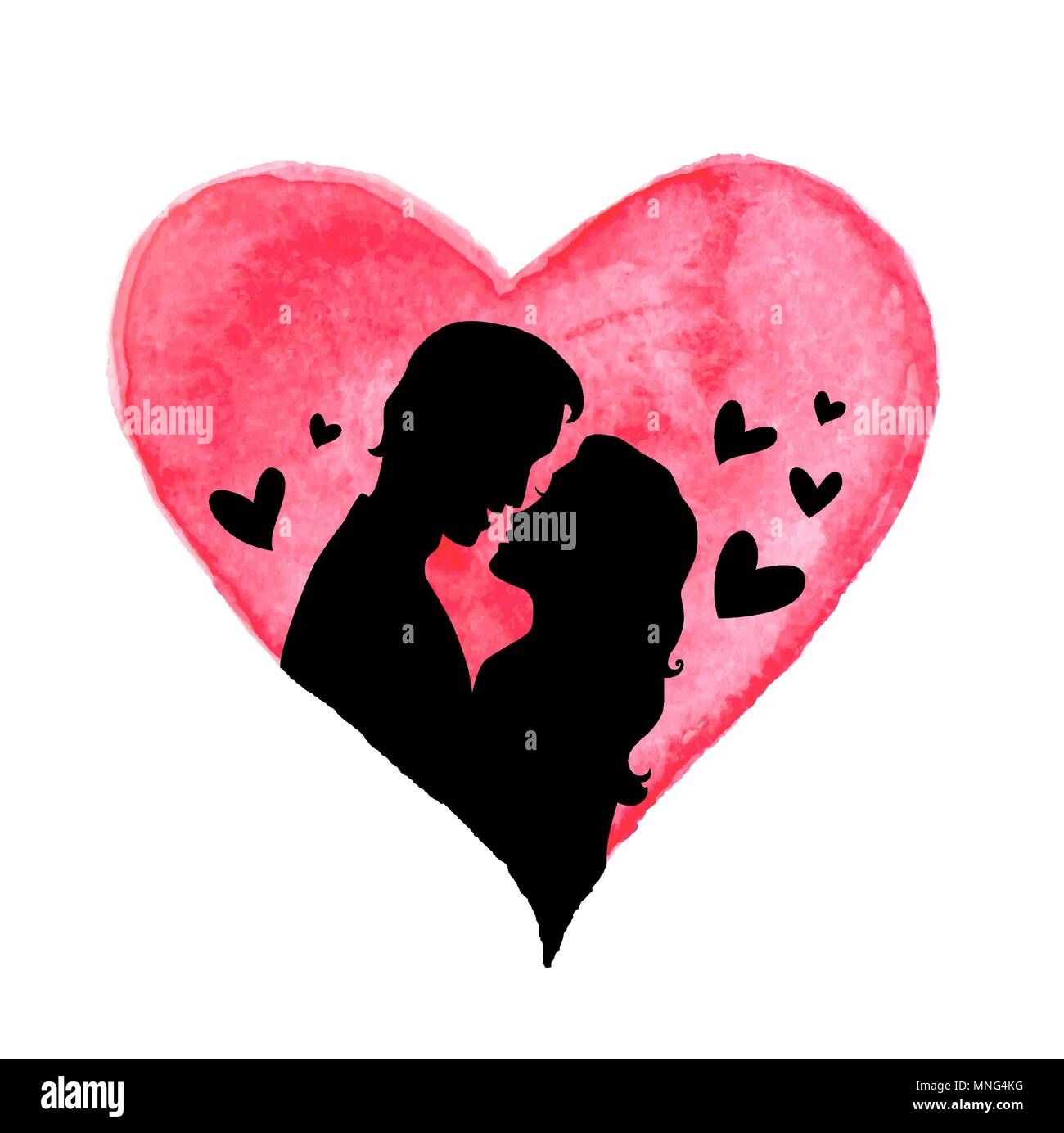 Vector Valentine greeting card with red watercolor heart and silhouette ...