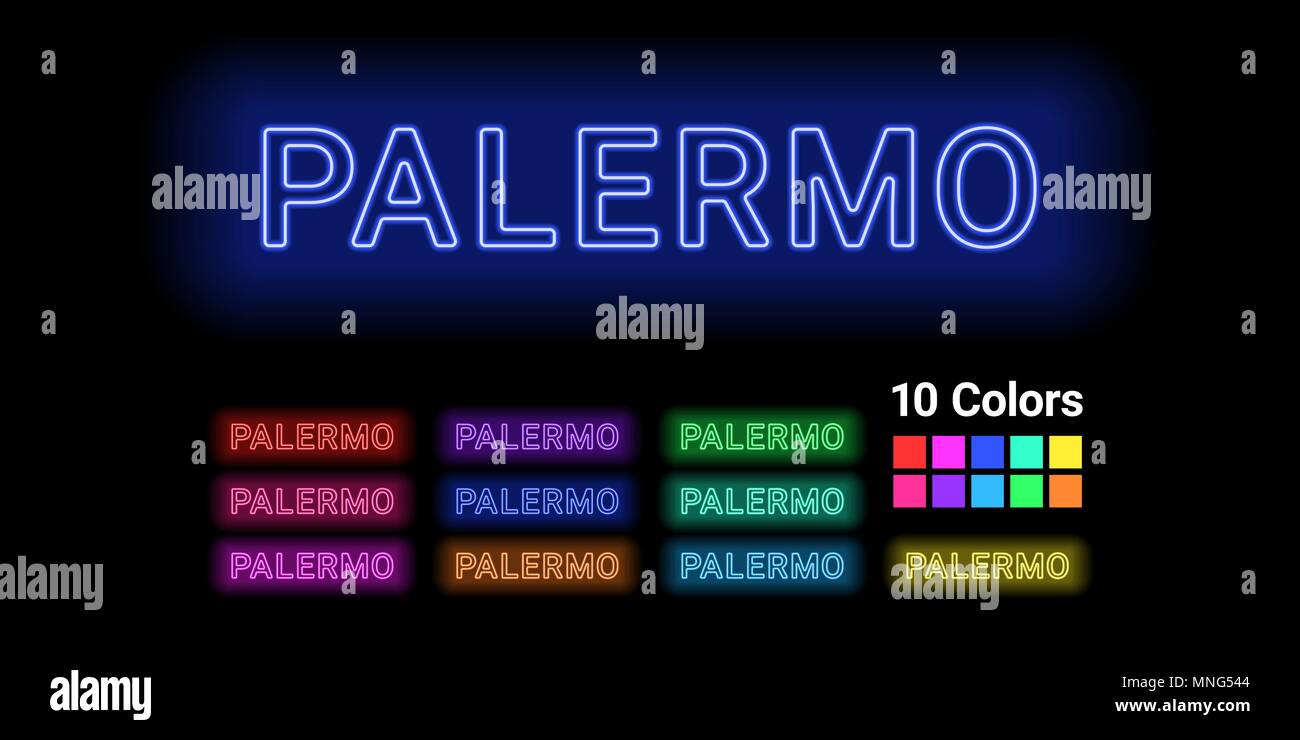 Neon name of Palermo city. Vector illustration of Palermo inscription consisting of neon outlines, with backlight on the dark background. Set of diffe Stock Vector