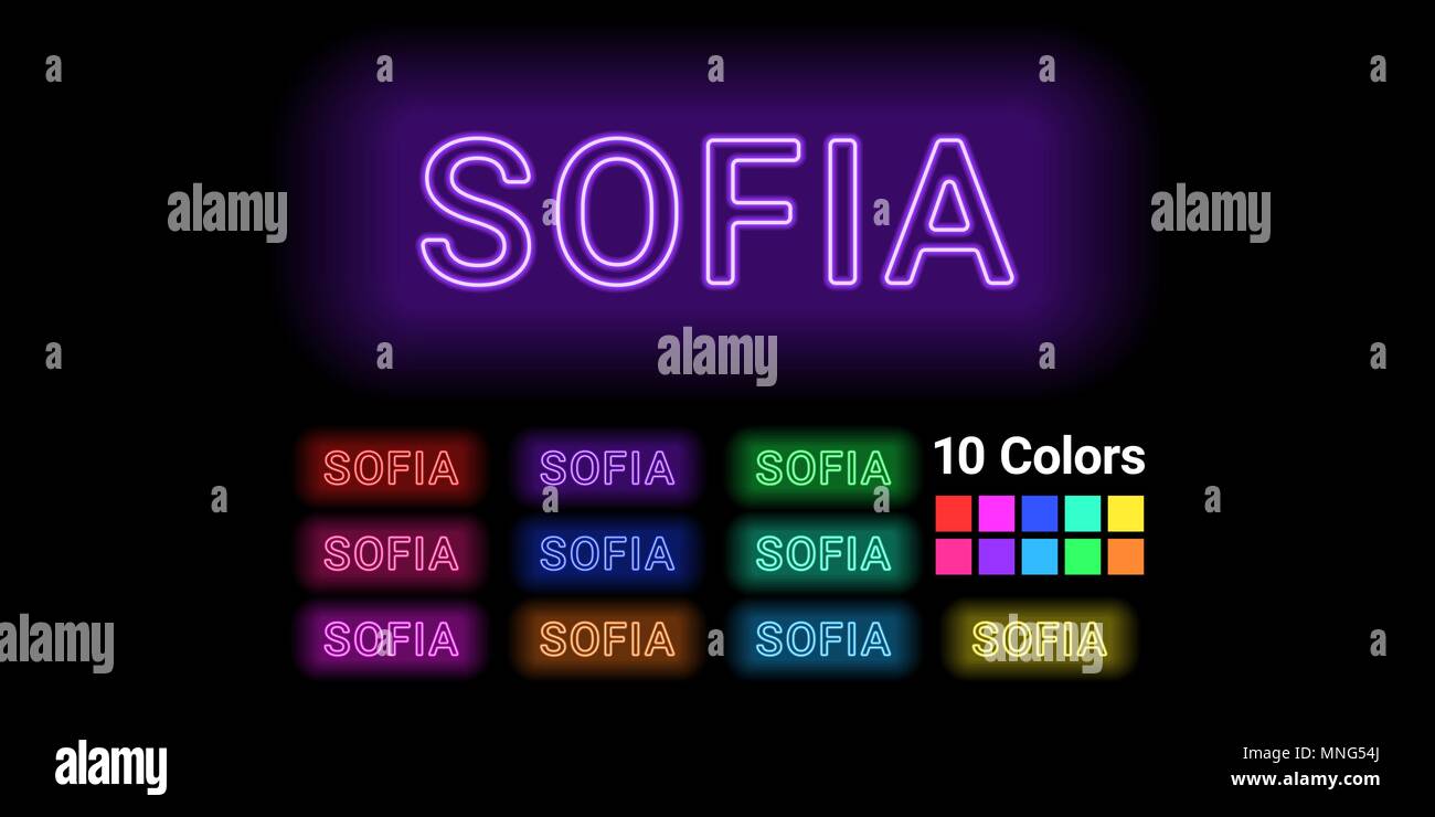 Neon name of Sofia city. Vector illustration of Sofia inscription consisting of neon outlines, with backlight on the dark background. Set of different Stock Vector