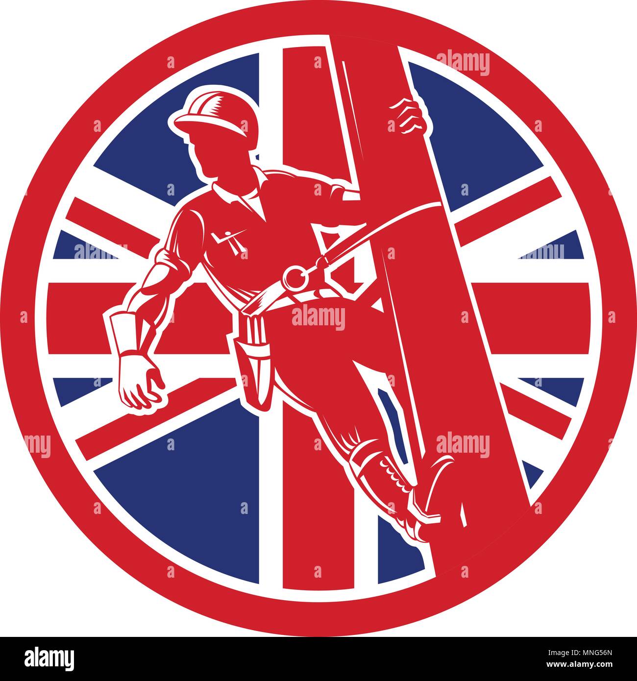 Icon retro style illustration of a British linesman or powerline worker on utility pole  with United Kingdom UK, Great Britain Union Jack flag set ins Stock Vector