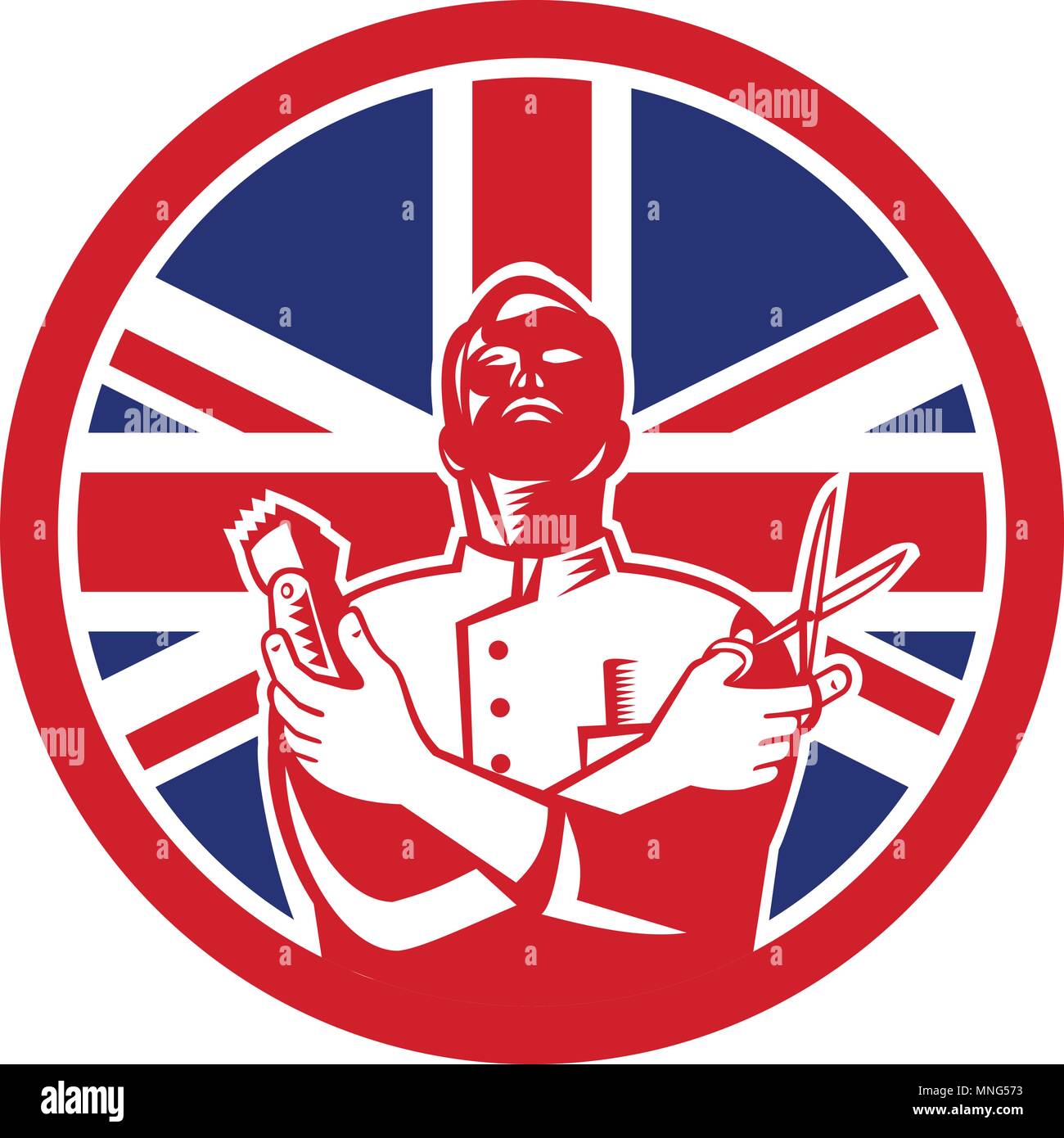 Icon retro style illustration of a British barber with scissors and hair trimmer  with United Kingdom UK, Great Britain Union Jack flag set inside cir Stock Vector