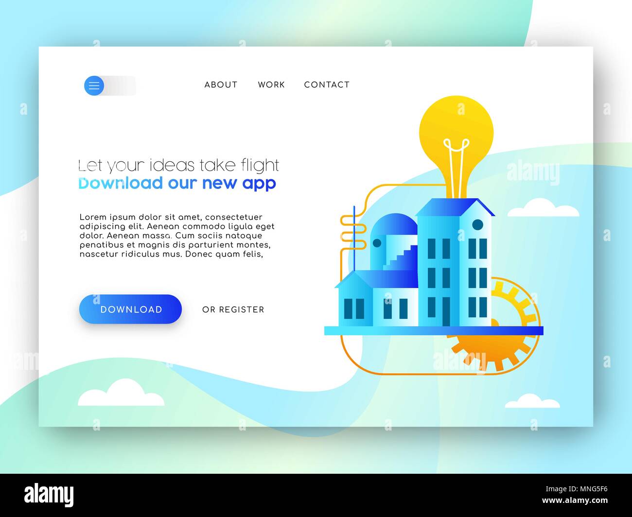 Landing page template of online business or web app. Modern internet layout with concept illustration for new ideas. EPS10 vector. Stock Vector