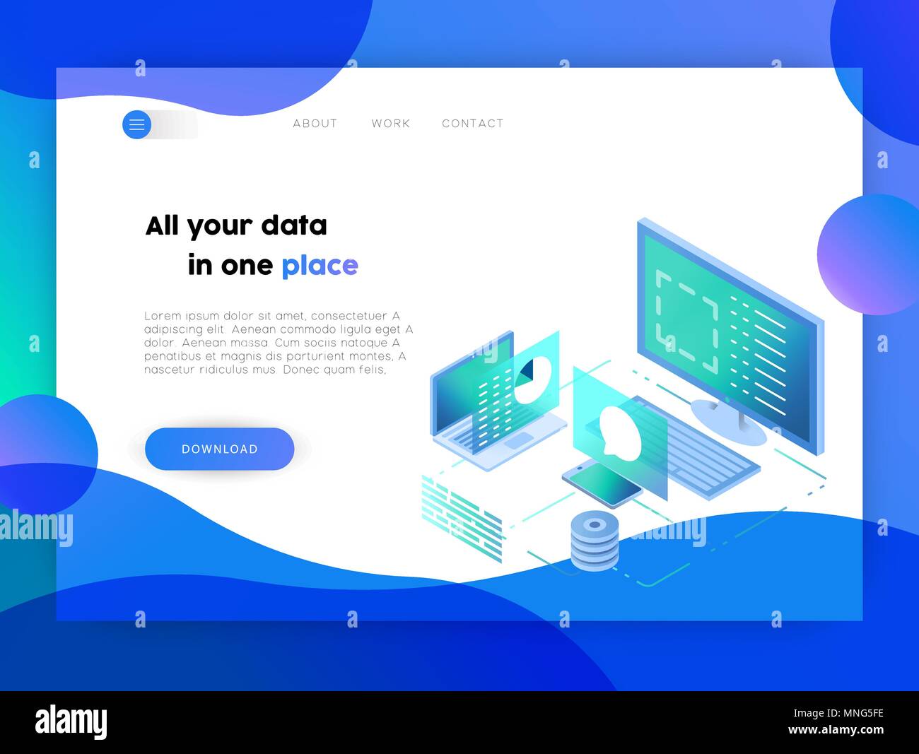Web business landing page template. Online technology layout with computer data isometric illustration and app download button. EPS10 vector. Stock Vector
