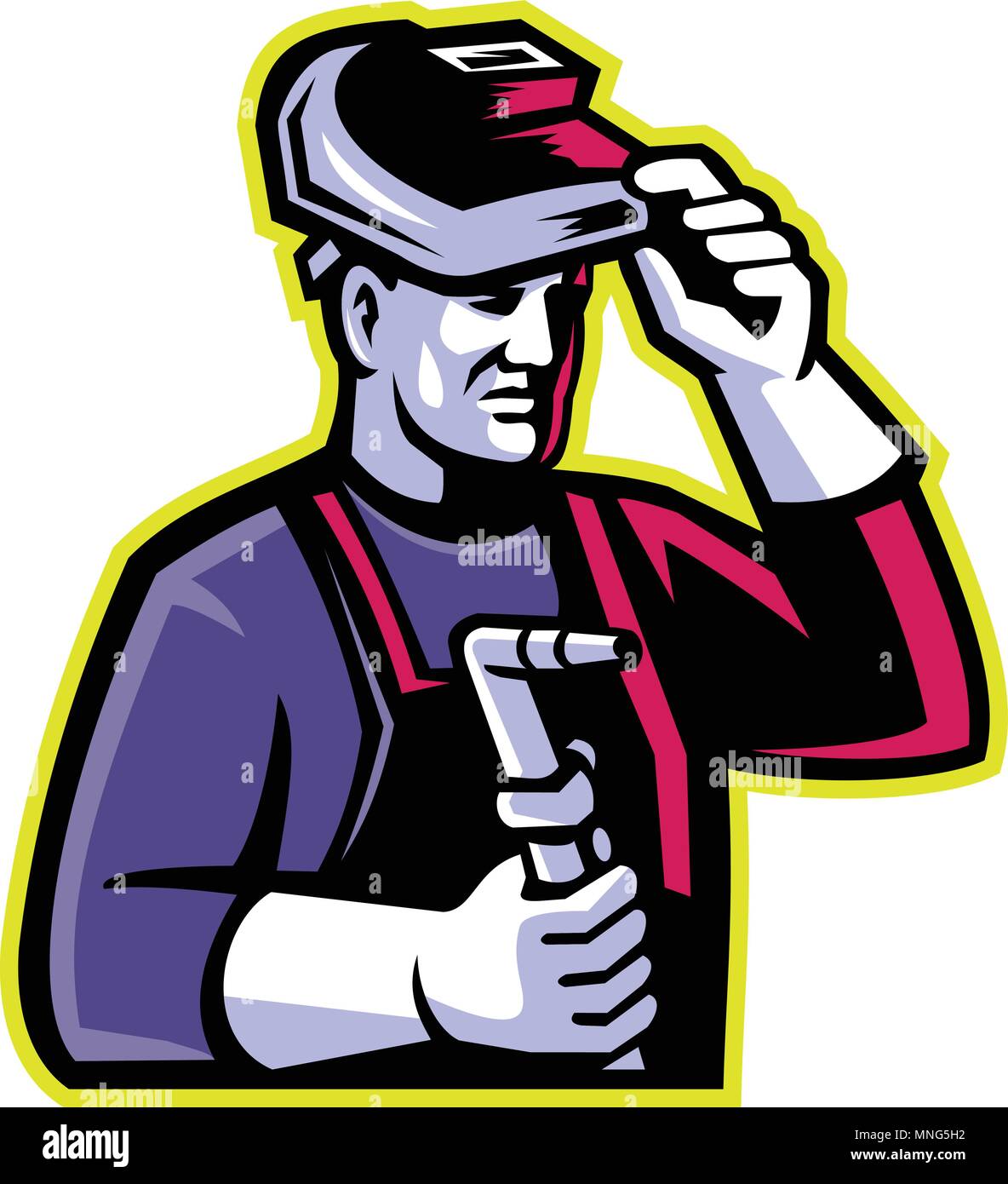 Mascot icon illustration of head of a welder lifting visor and holding welding torch viewed from side on isolated background in retro style. Stock Vector