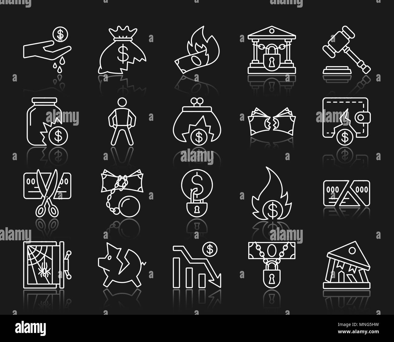 Bankruptcy thin line icons set. Outline web sign kit of business. Crisis line icon collection includes poverty, decline, graph. Simple bankruptcy symb Stock Vector