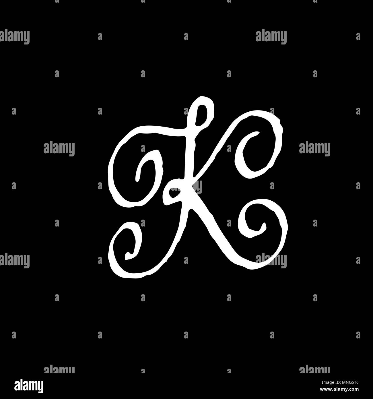 Letter K. Handwritten by dry brush. Rough strokes textured font. Vector illustration. Grunge style alphabet. Stock Vector