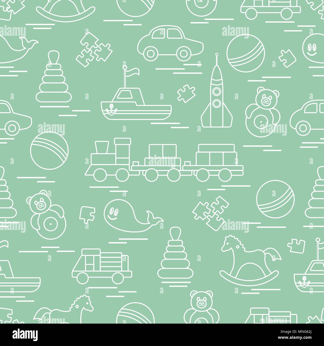 Seamless pattern with kids toys. Train, cars, balls, rocking horse ...