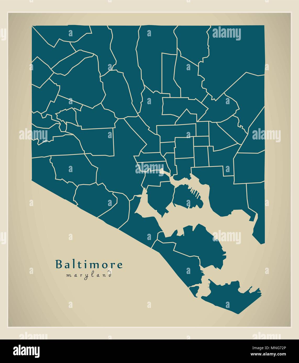 Modern City Map - Baltimore Maryland city of the USA with neighborhoods Stock Vector
