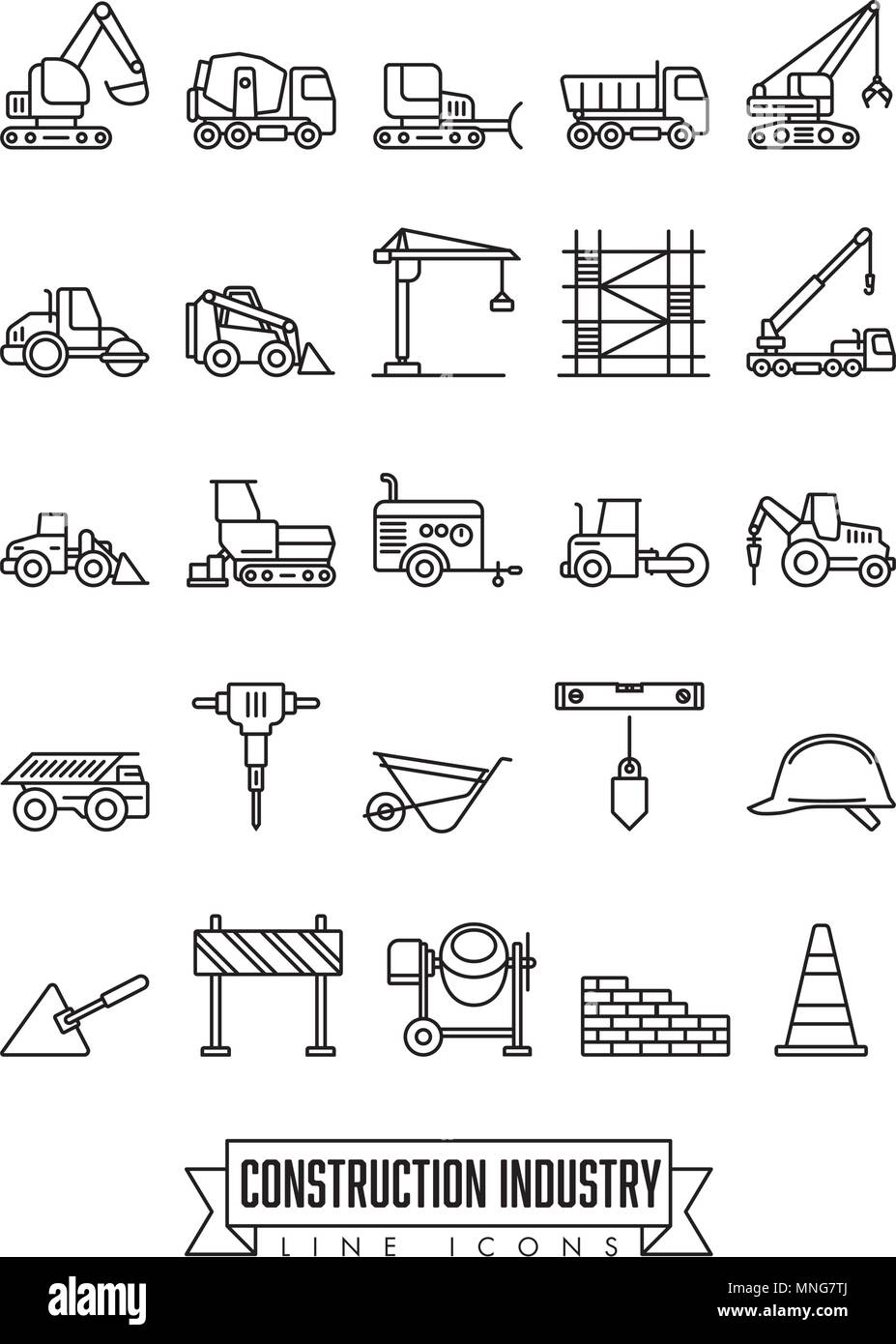 Industrial construction machinery and tools line icon collection Stock ...