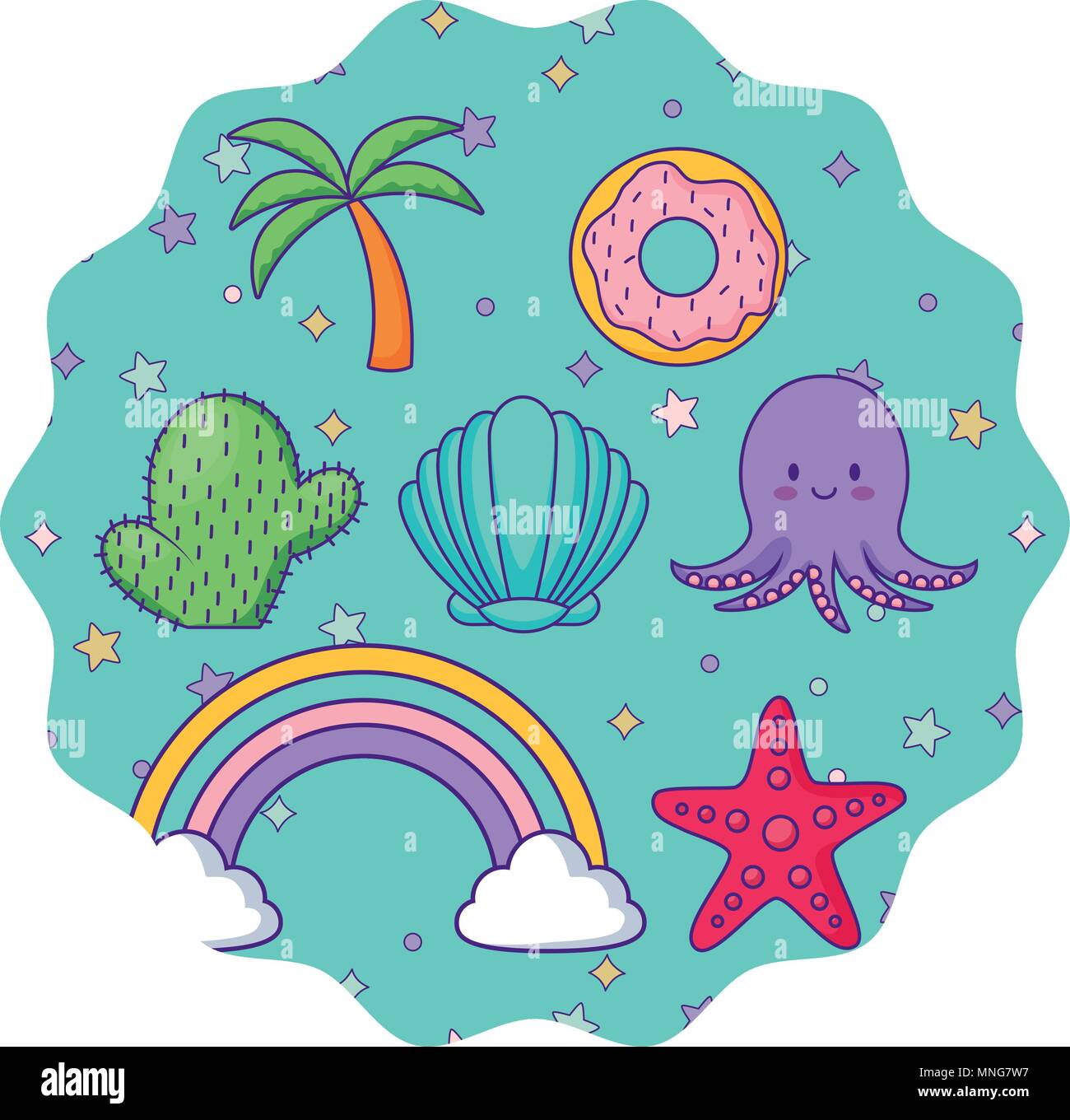circular frame with cute octopus and related icons pattern over white ...