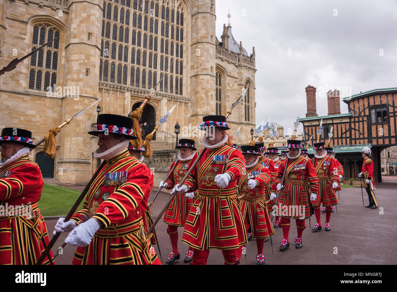 The Yeomen of the Guard march away after a photocall with the Queen at St George's Chapel, Windsor after the distribution of the Maundy Money. Stock Photo