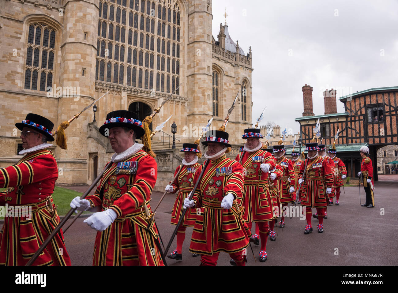 The Yeomen of the Guard march away after a photocall with the Queen at St George's Chapel, Windsor after the distribution of the Maundy Money. Stock Photo
