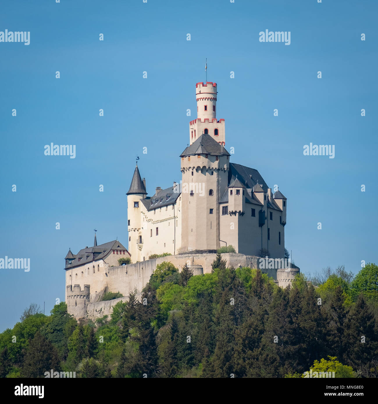 Lcated in Braubach Germany, Marksburg Castle is the only elevated medieval castle that was not destroyed. Stock Photo