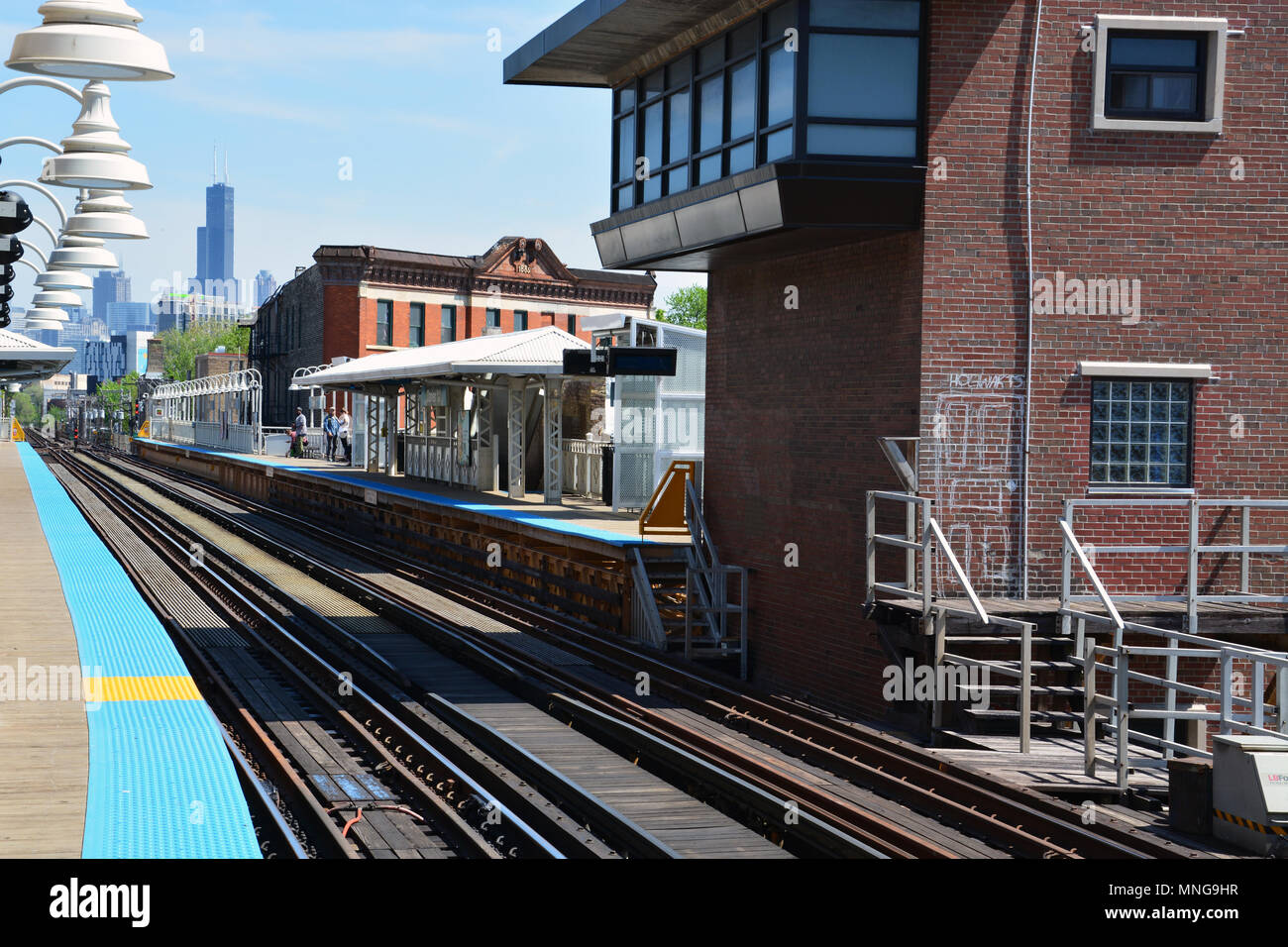 The Damen Ave. L train blue line station in Chicago's Wicker Park neighborhood with a magical door to Hogwarts hidden on the side of the control tower Stock Photo