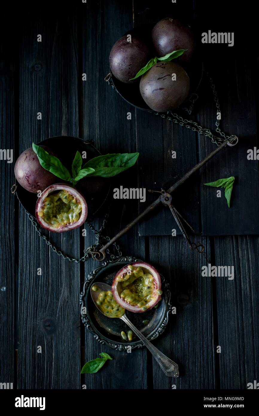 Sparkling passion fruit and basil juice Stock Photo