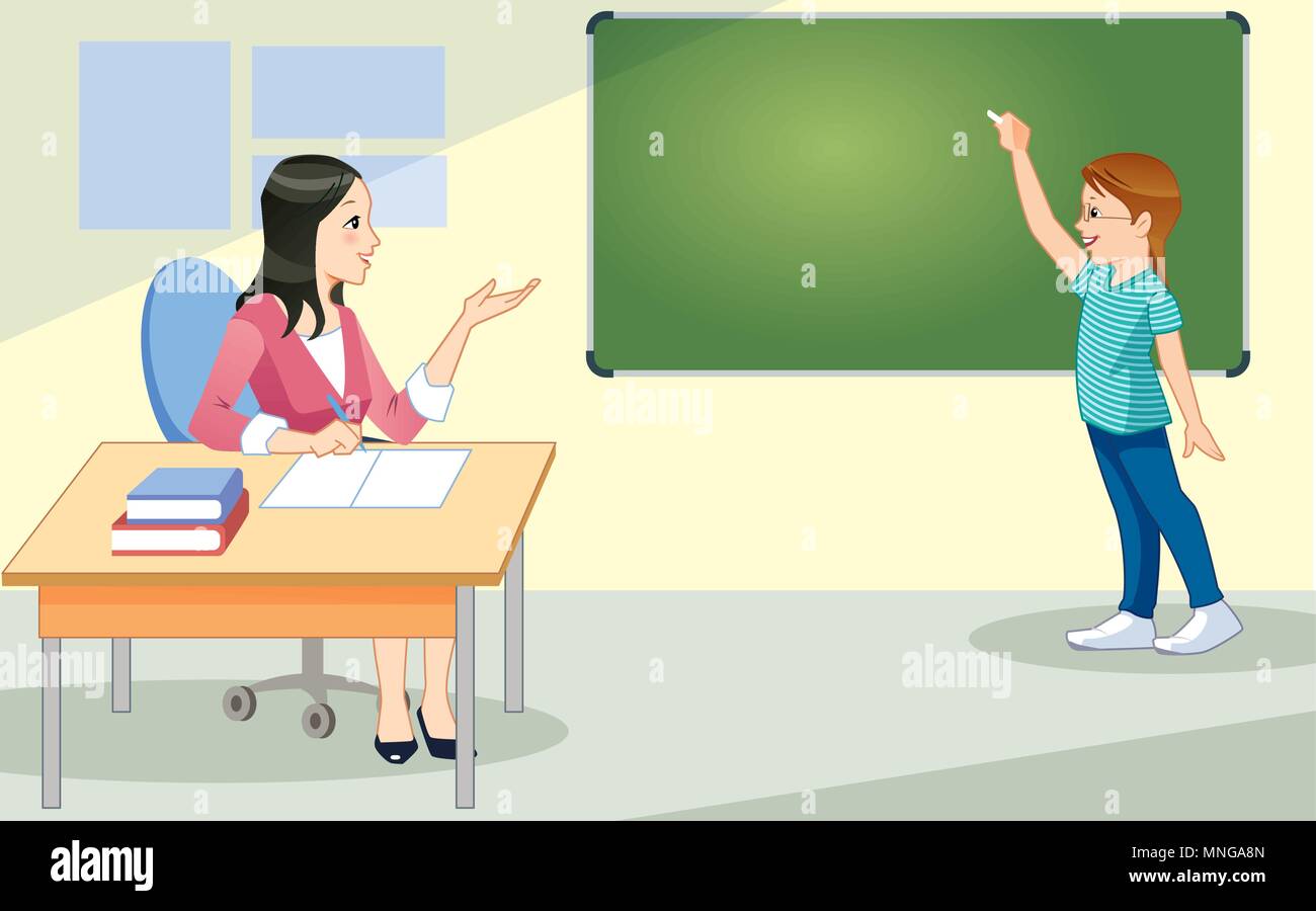 School kid in class. Teacher. Happy child against green blackboard. Education concept Stock Vector