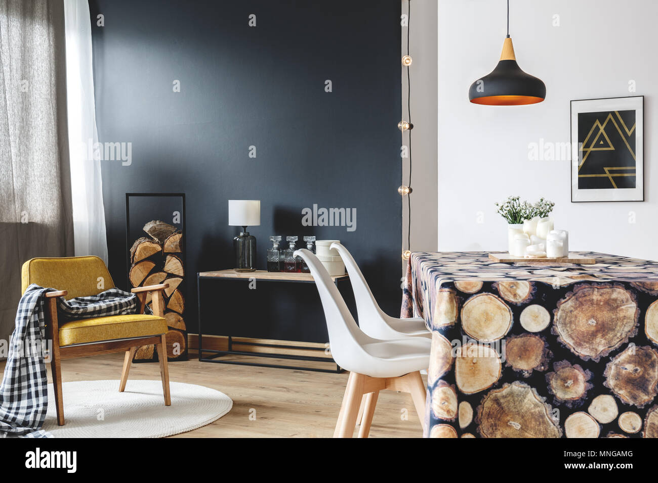 Wood design of modern interior with scandinavian furniture on black ...