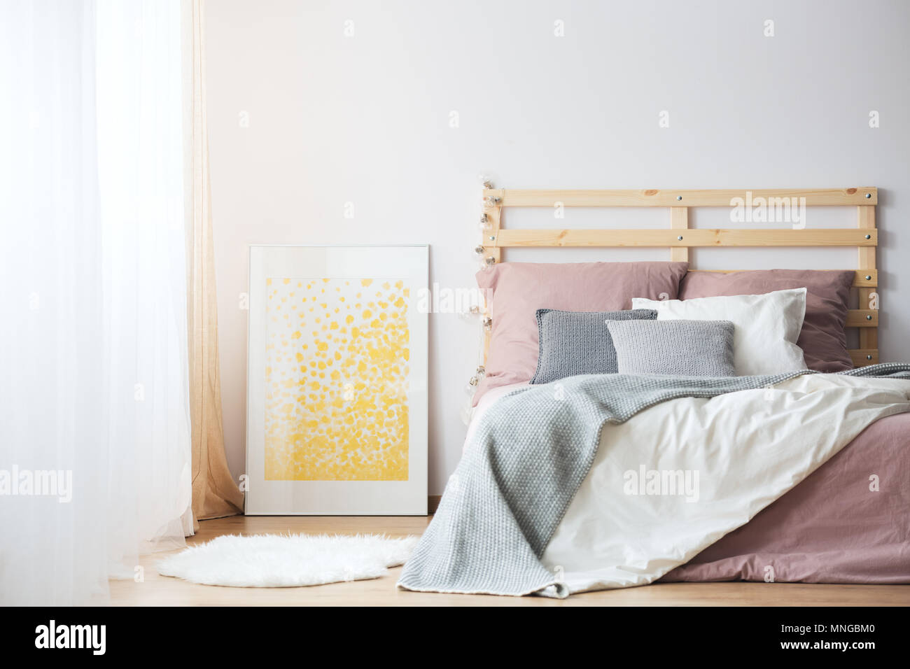 King Size Bed Yellow Poster And White Rug In Cozy Bedroom