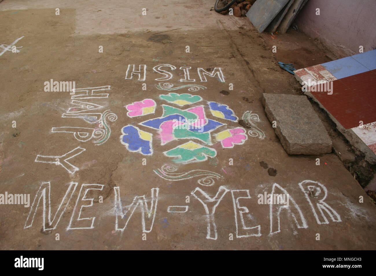 Happy New Year Chalk Drawing, Hampi, India Stock Photo - Alamy