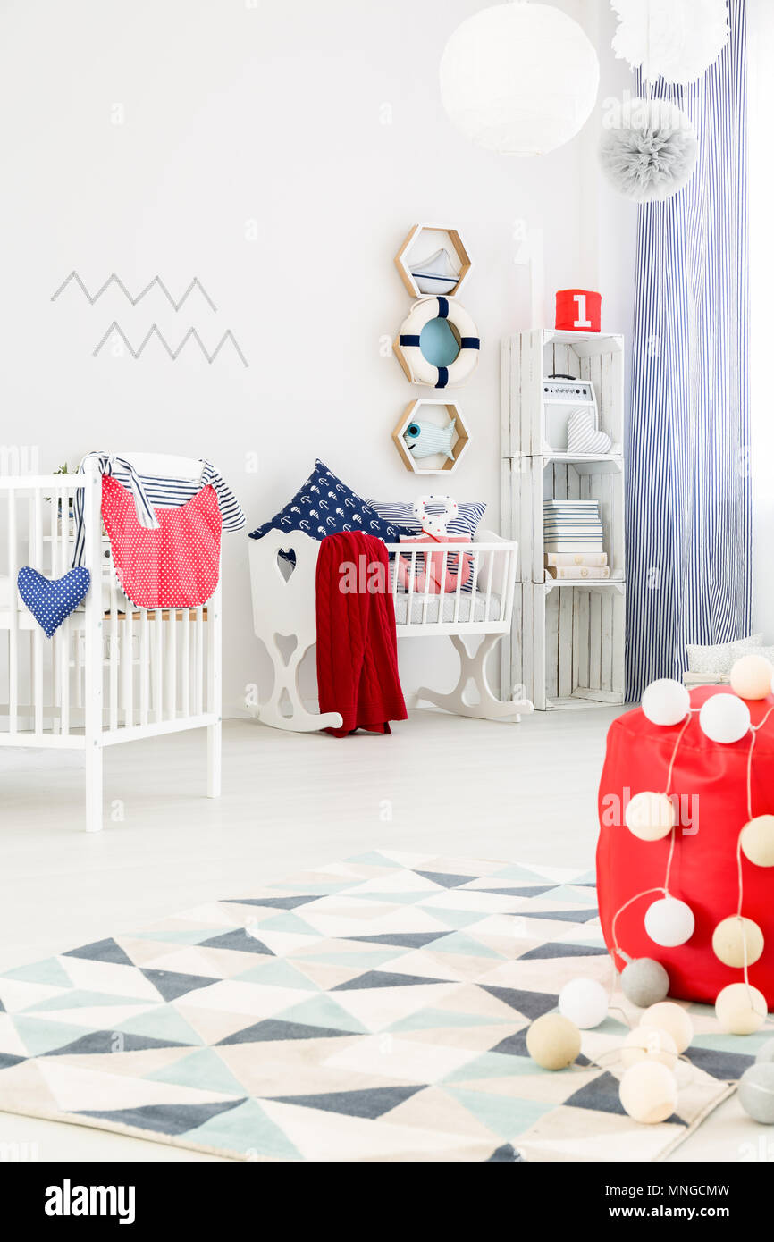 Baby boy white and blue room in marine style. Nursery design idea Stock ...