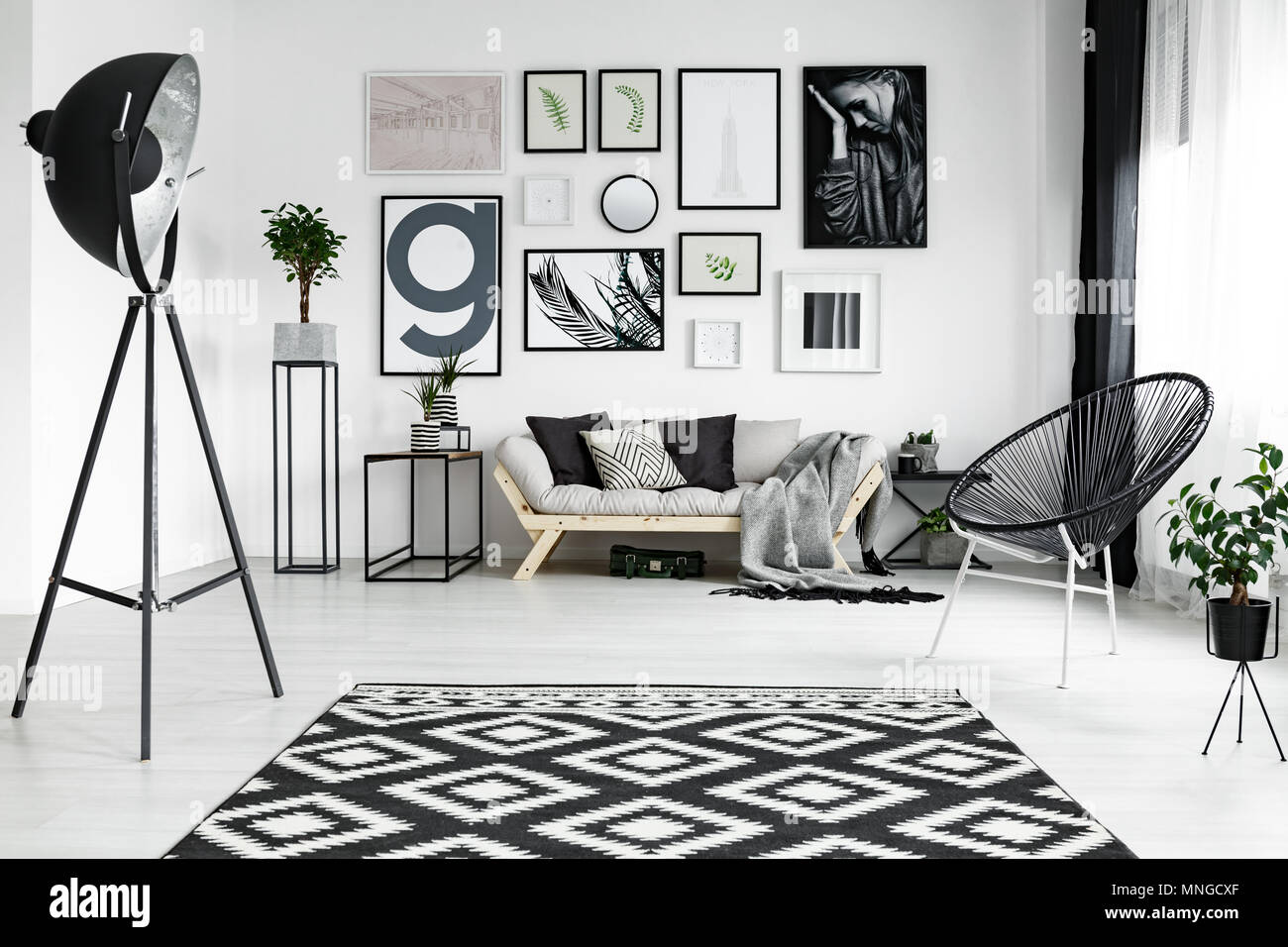 Stylish White Living Room With Black Accessories And Plants Stock Photo Alamy