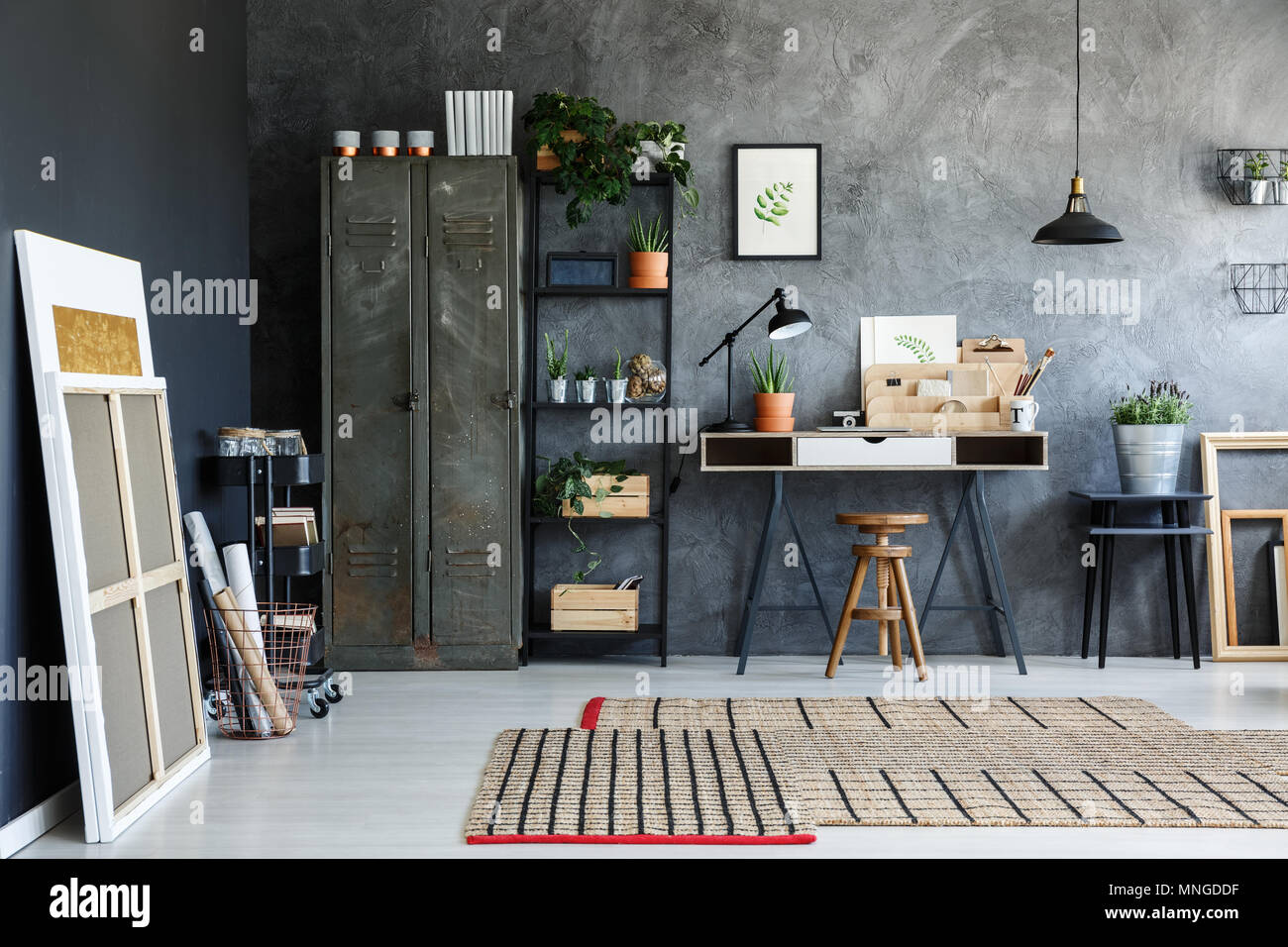 Artist Studio In Modern Loft Room With High Ceiling Stock