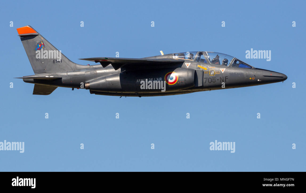 GILZE-RIJEN, THE NETHERLANDS - SEP 7, 2016: French Air Force Alpha Jet trainer jet plane in flight. Stock Photo