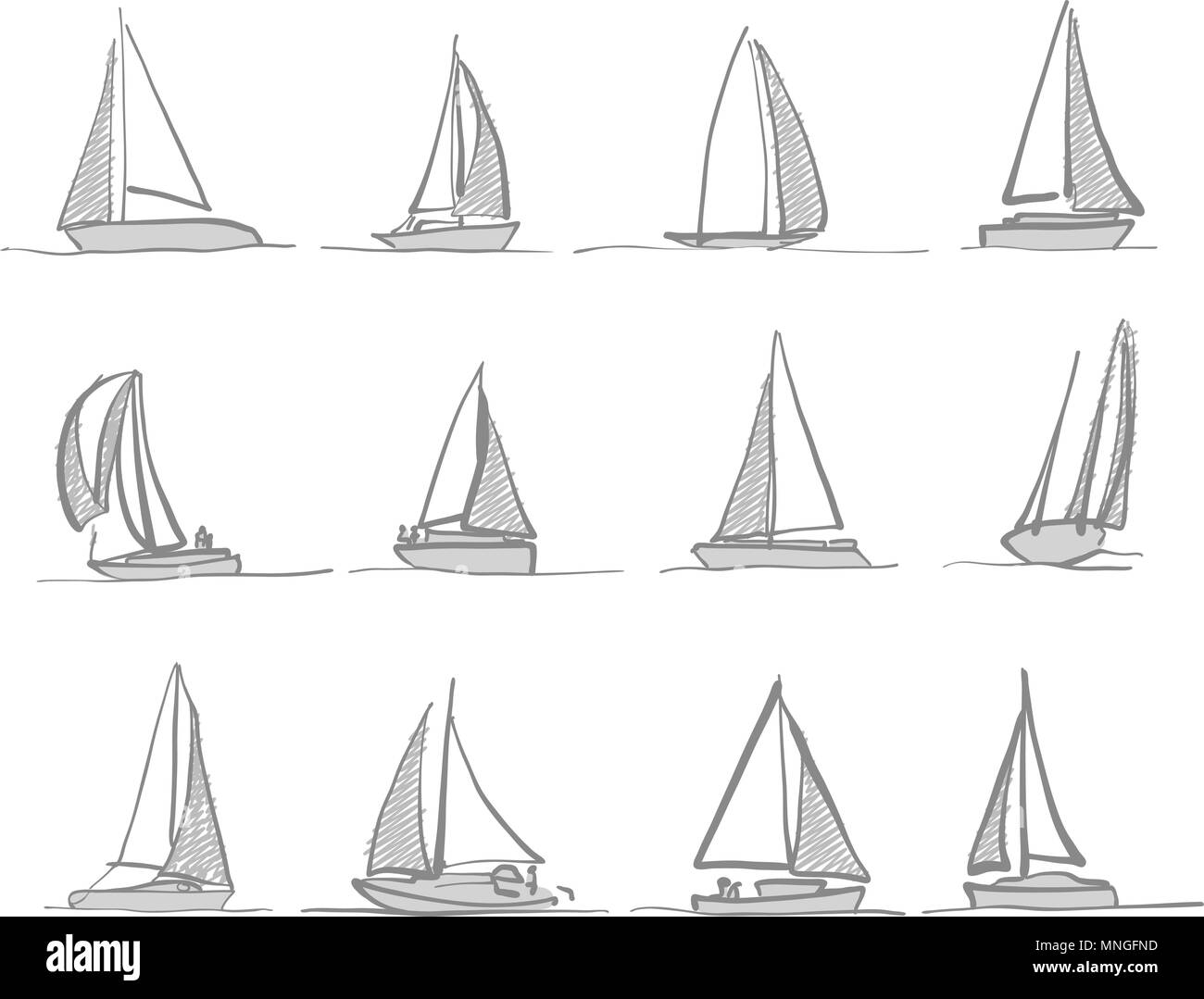Sailing boat drawings, hand-drawn icons Stock Vector