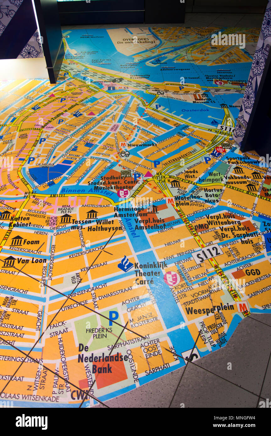 A floor map of Amsterdam printed on the floor of a shop in the departure lounge at Schiphol International Airport in Amsterdam, The Netherlands. Stock Photo