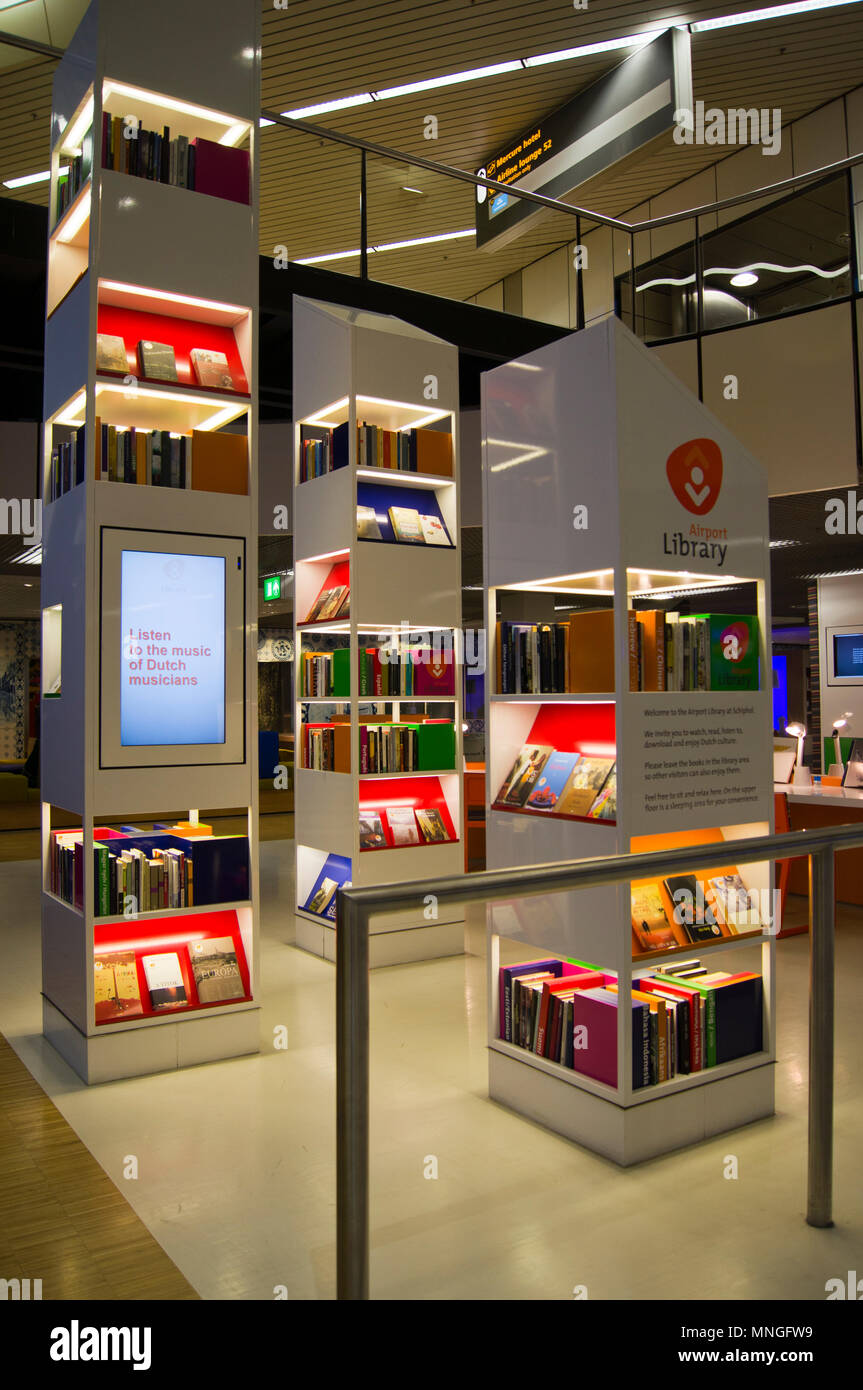 The airport library at Schiphol International Airport in Amsterdam, The Netherlands. Stock Photo