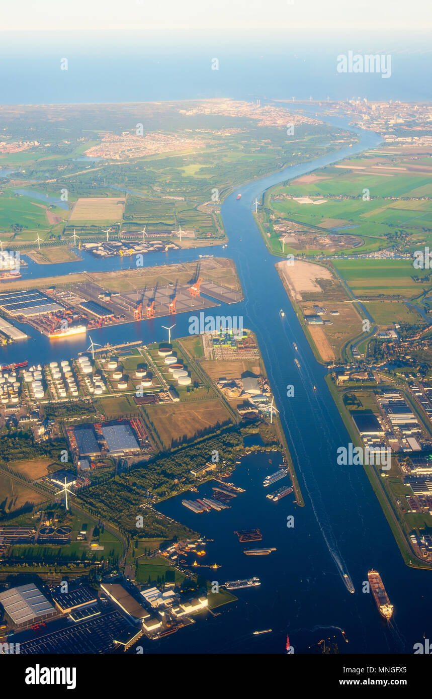 An aerial view at sunset of Westpoort, the Port of Amsterdam, The