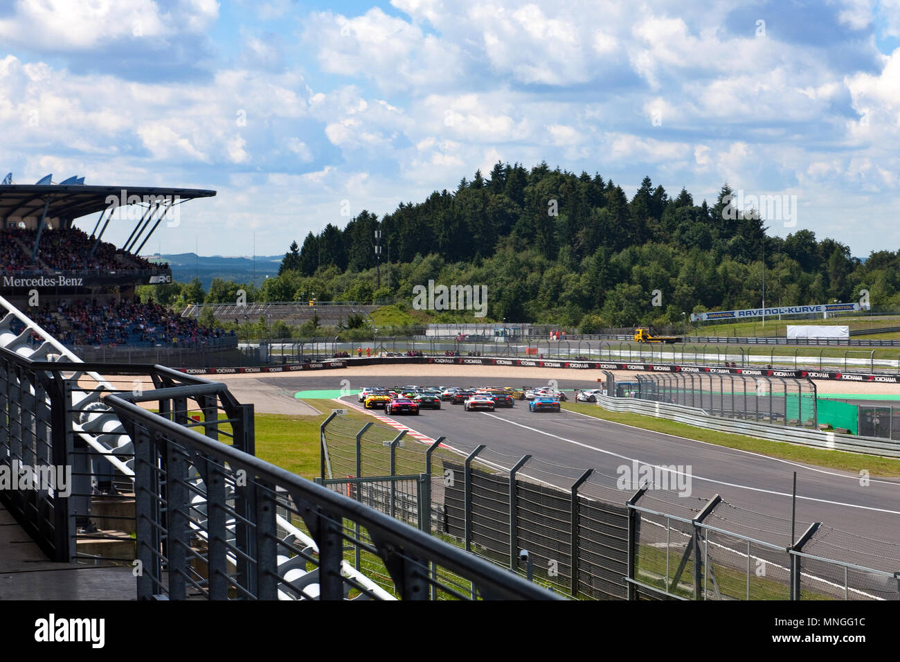 curve 1, grand prix track, racetrack, track, F1, DTM, Formula, racing, green hell, Nuerburgring, Rheinland-Pfalz, Germany, Europe / Nuerburgring | Kur Stock Photo
