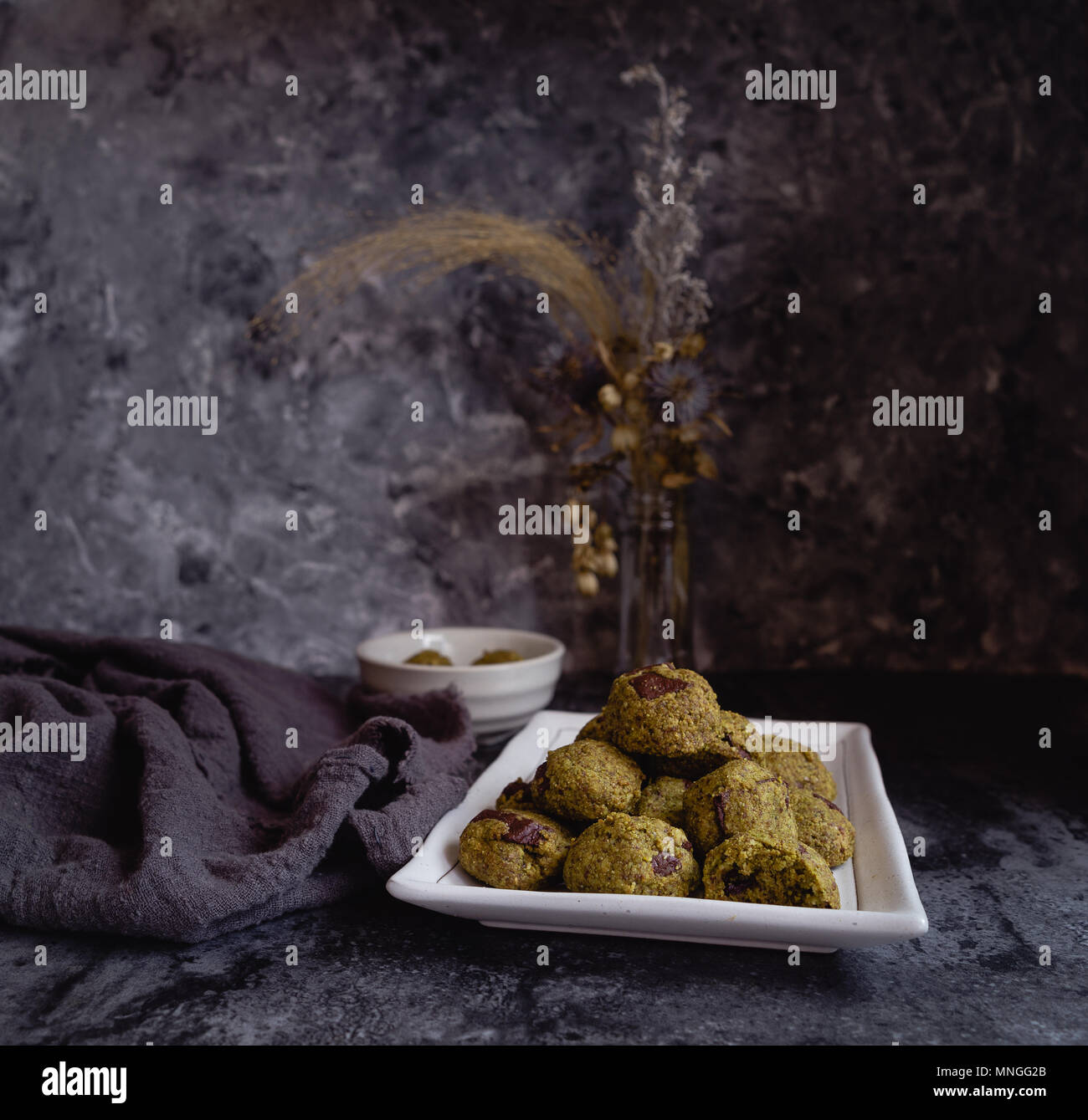 Matcha Green Tea Chocolate Chip Cookies, Dark Background Stock Photo