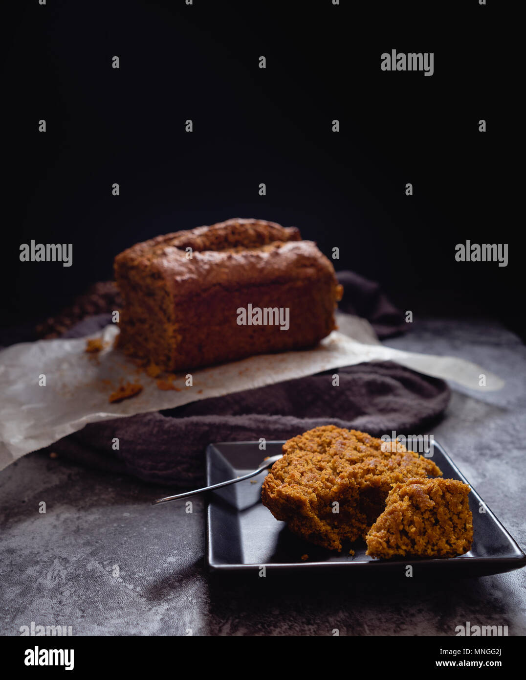 Pumpkin Cake, Dark Background Stock Photo
