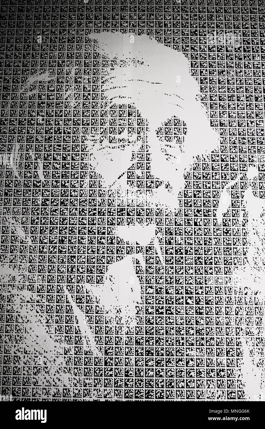 A portrait of Albert Einstein at the China Science and Technology Museum in Beijing, China, made up of matrix barcodes (QR or quick response codes). Stock Photo