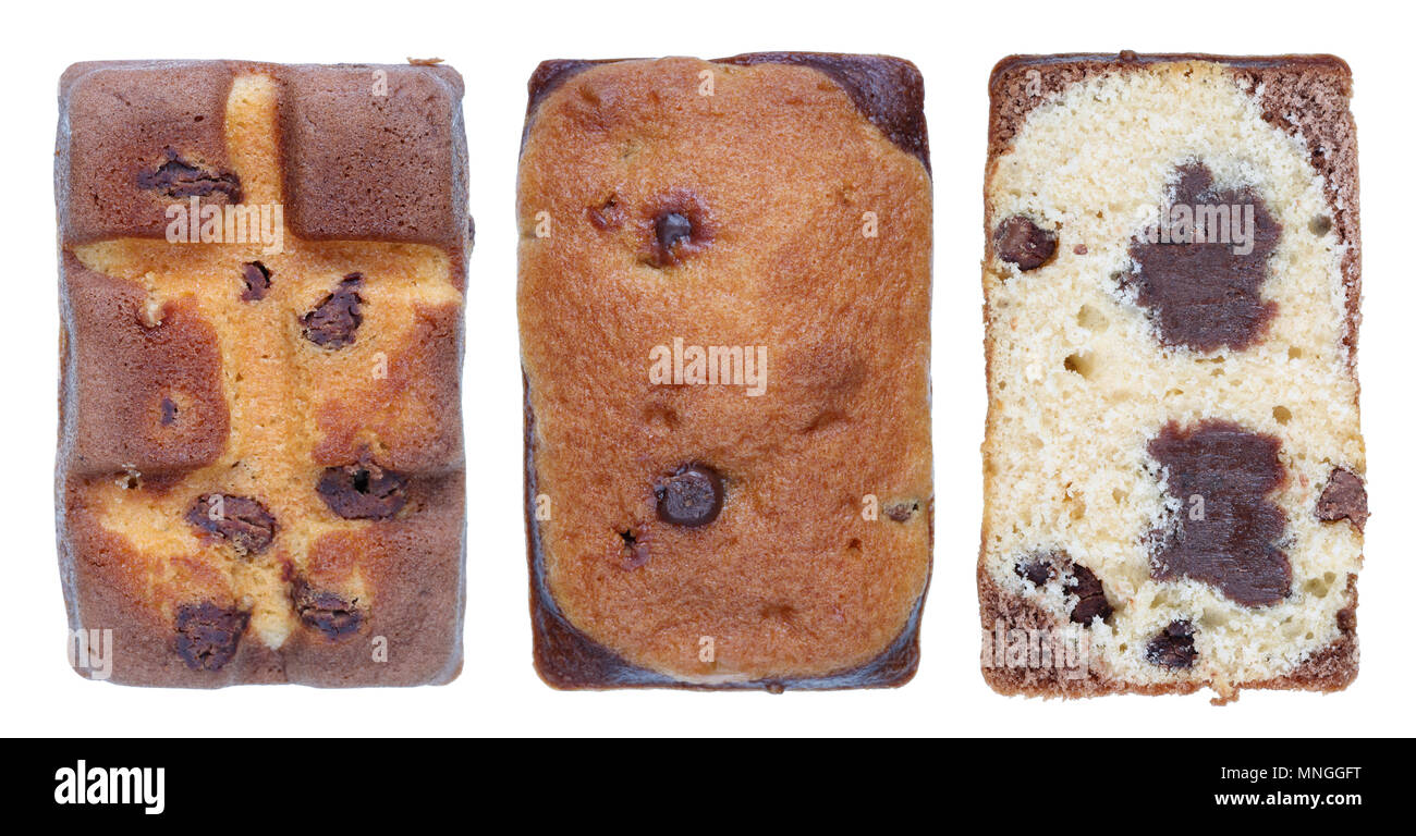 Three projections of simple rural handmade sweet chocolate cake - bottom, top and middle. Isolated on white studio macro set. Mass production Stock Photo