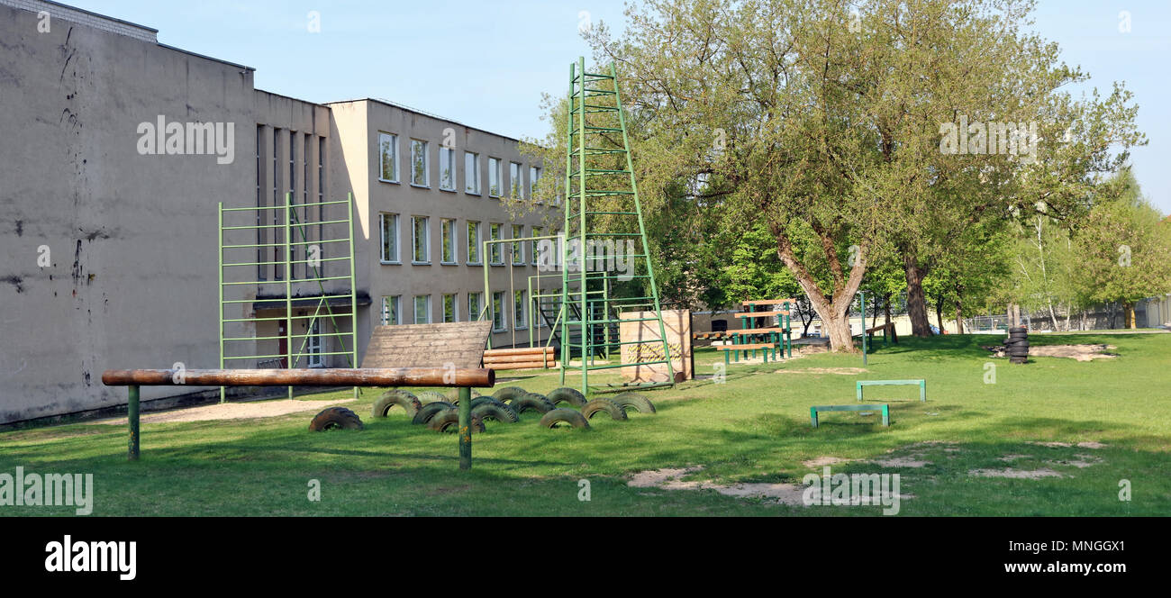 VILNIUS, LITHUANIA - MAY 01, 2018:  Sports simulators and obstacle course on the territory of the Lithuanian military academy names of  General Jonas  Stock Photo
