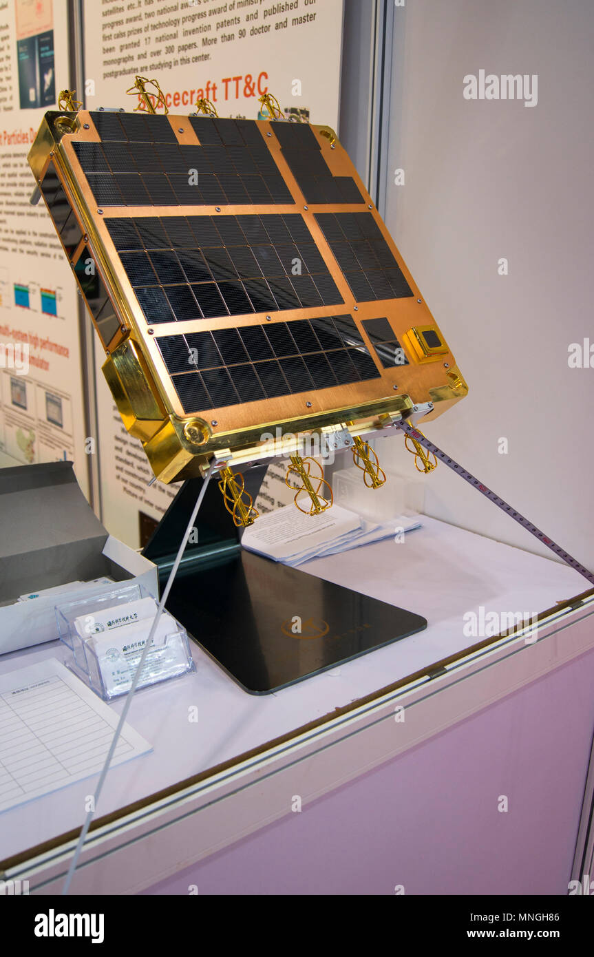 Engineering model of a small Chinese satellite on display at the 64th