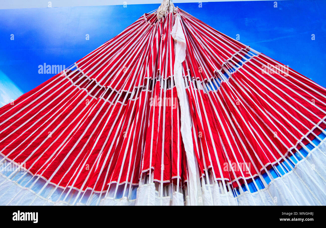 A parachute used to return a Chinese space capsule to Earth on display at the 64th IAC, which was held in Beijing, China. Stock Photo