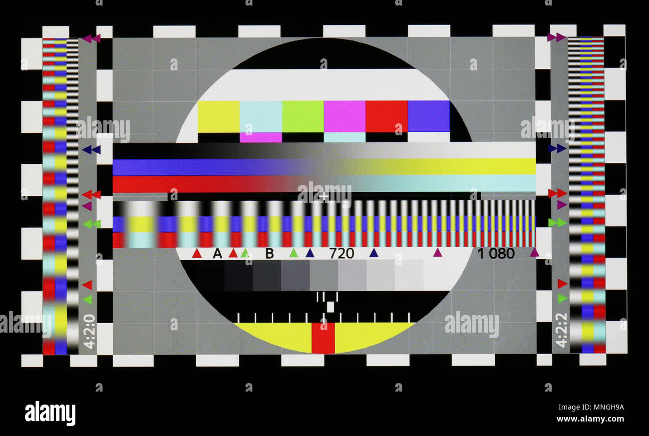 VILNIUS, LITHUANIA - MAY 15, 2018: Photo shot  of standard industrial color television test sheet  on the poor mass production NOUS brand modern smat  Stock Photo