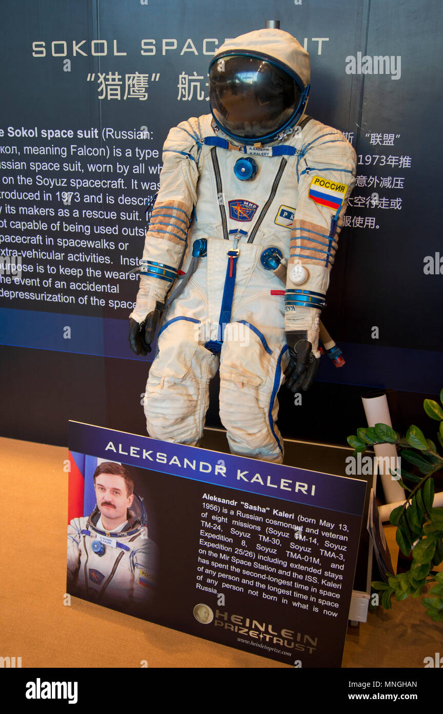 Russian Sokol spacesuit worn by Russian cosmonaut Aleksandr Kaleri on a Soyuz flight to the International Space Station at the 64th IAC in Beijing. Stock Photo