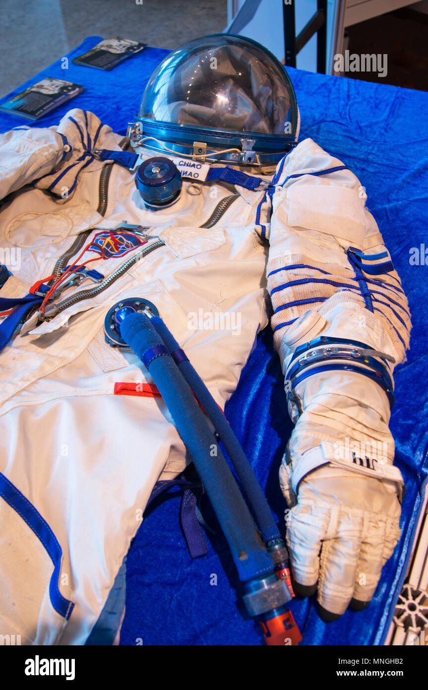 The Russian Sokol spacesuit worn by former NASA astronaut Leroy Chiao on a Soyuz flight to the International Space Station at the 64th IAC in Beijing. Stock Photo