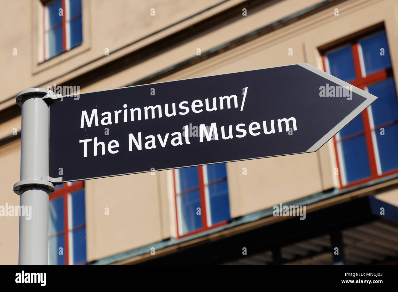 Karlskrona, Sweden - August 23, 2017: Signpost with direction to the naval museum. Stock Photo