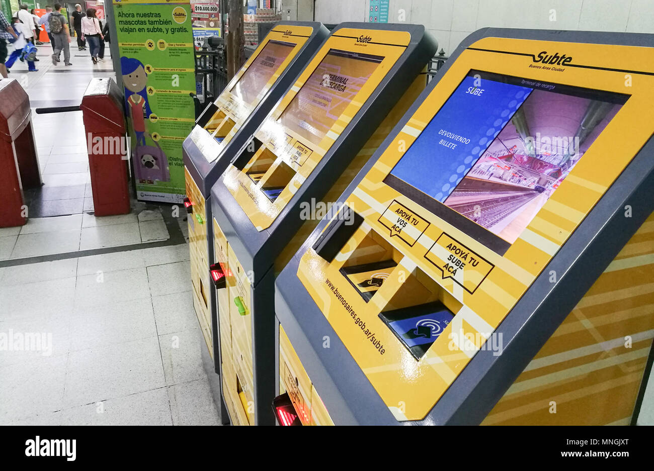 Buenos Aires, Argentina - March 19th: Self Service Ticket machines at Carlos Pellegrini metro station in Buenos Aires. Stock Photo
