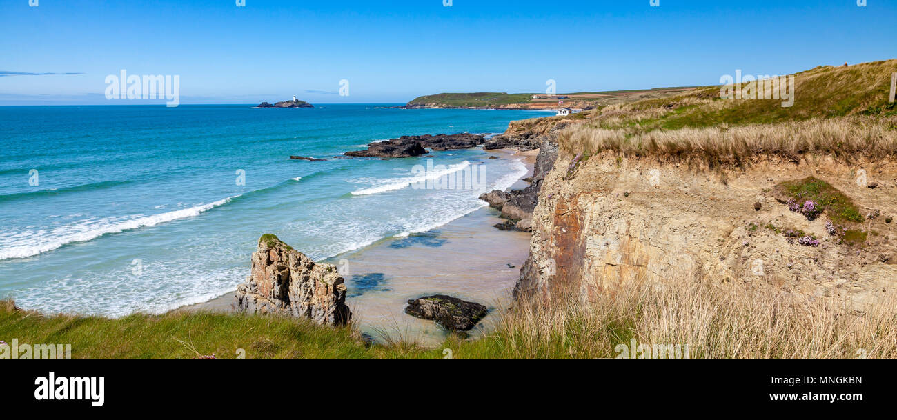 Spectacular coastline Gwithian Cornwall with Godrevy in the distance. England UK Stock Photo