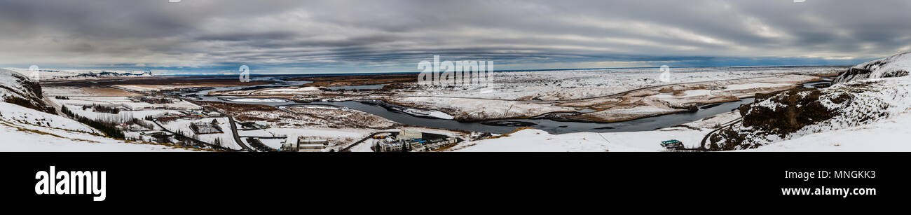 Breathtaking panormic from the plateau at Systavatn lake with partly snow covered lowland, Iceland april 2018 Stock Photo