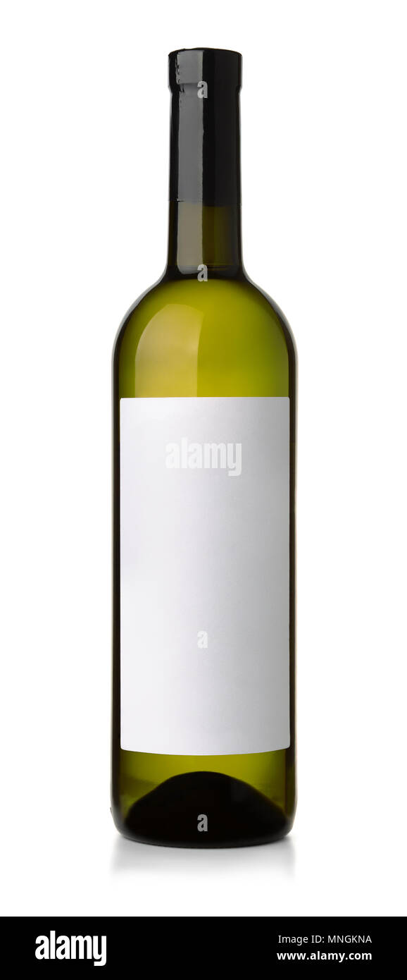 Front view of white wine bottle with blank label isolated on white Stock Photo