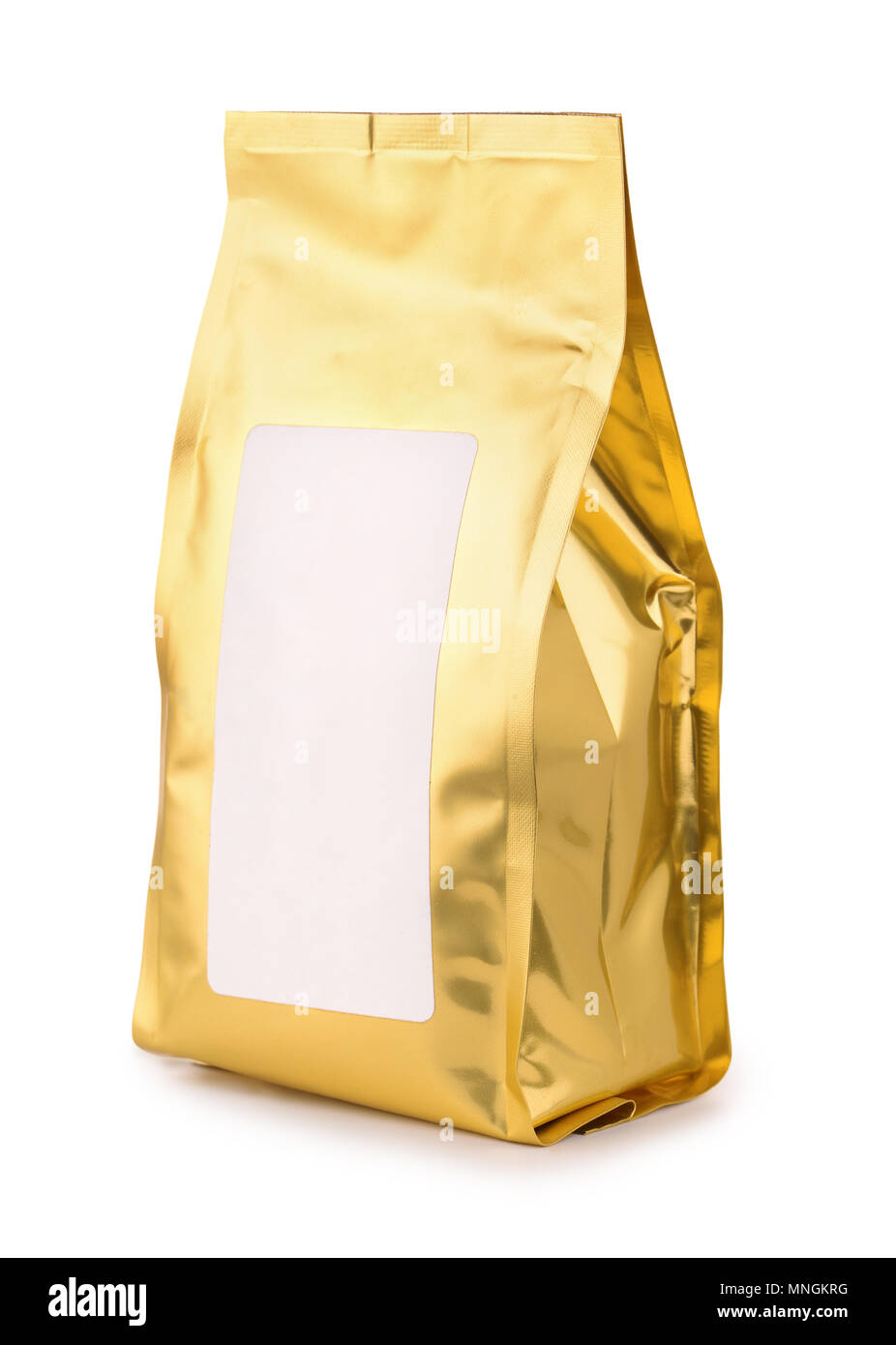Golden foil food bag with blank label isolated on white Stock Photo