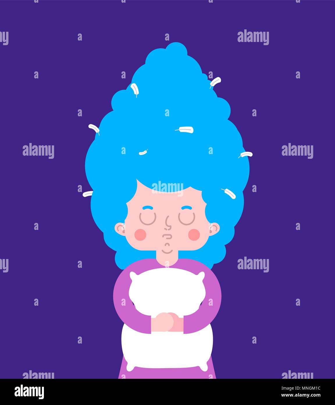 Little girl and pillow . Female child holding cushion. Vector