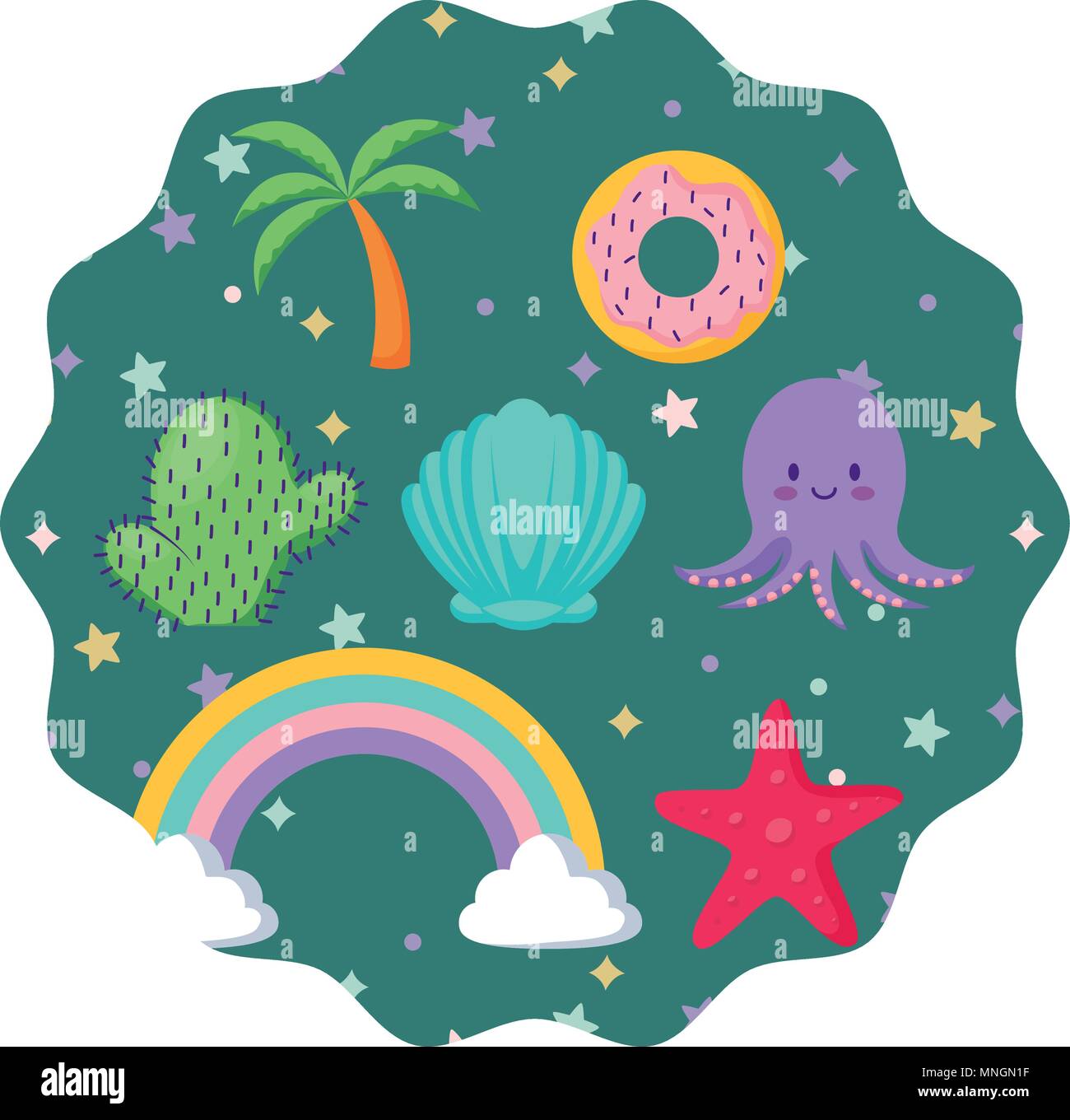 circular frame with cute octopus and related icons pattern over white ...